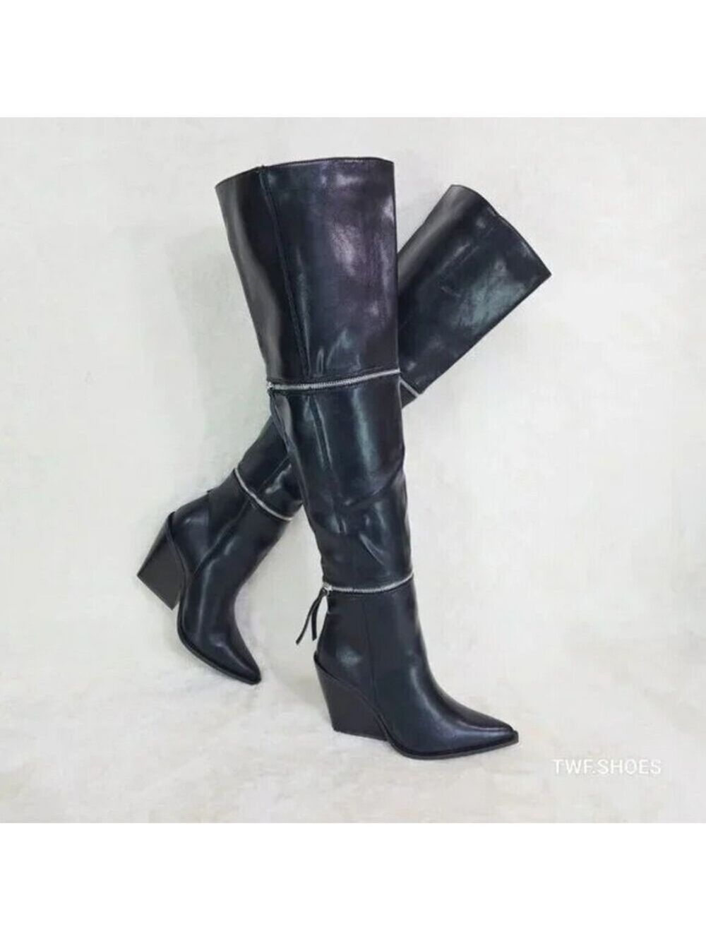 NIB Alexa Western Wedge All in One Zipper Shaft Ankle Knee & Thigh Boots Black - Picture 3 of 15